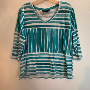 Onque Casuals Teal and White Striped Long Sleeve Top